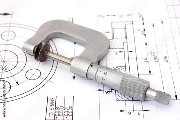 Obraz Micrometer on technical drawing. Horizontal