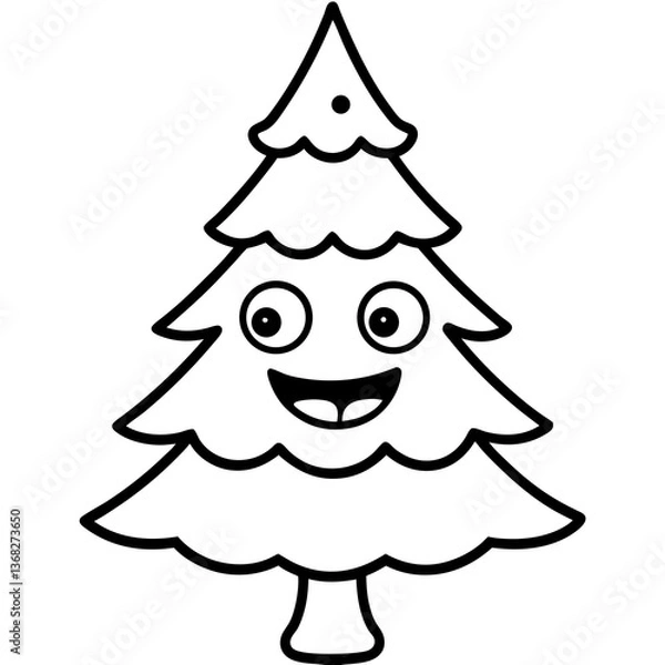 Fototapeta Cartoon style Christmas tree with a funny face line art vector illustration