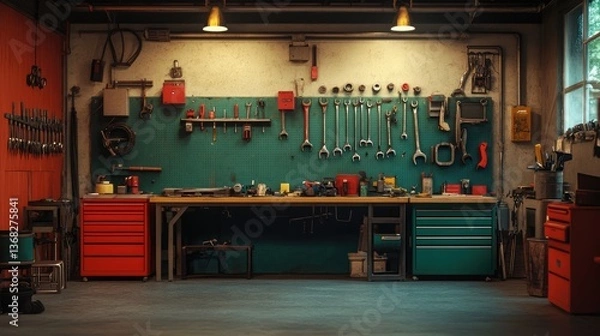 Fototapeta A well-organized workshop with tools neatly arranged on the wall, showcasing a vibrant workspace for DIY projects