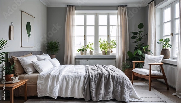 Fototapeta A serene bedroom sanctuary bathed in soft natural light, featuring a calming grey and white palette, lush greenery, and crisp linen bedding creating a tranquil and inviting atmosphere.