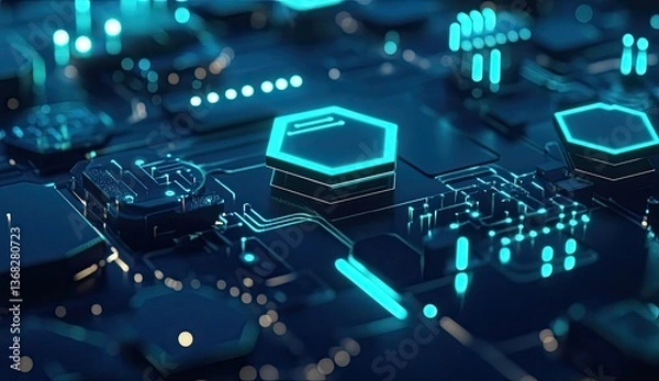 Obraz Futuristic circuit board with glowing hexagonal element