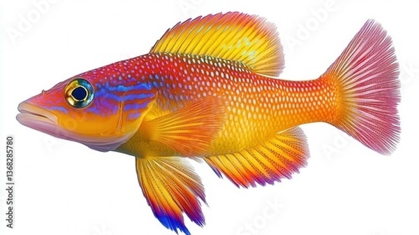 Fototapeta Colorful tropical fish with vibrant red, yellow, and blue patterns on its scales.