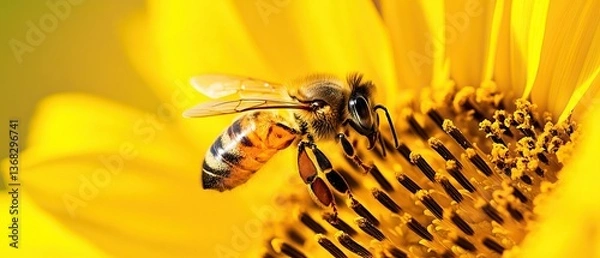 Fototapeta Honeybee collecting pollen from a vibrant yellow sunflower Close-up view showcasing intricate details of both the insec