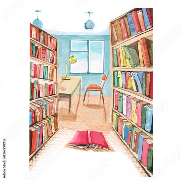 Obraz illustration for children book with funny library characters, shelves with books