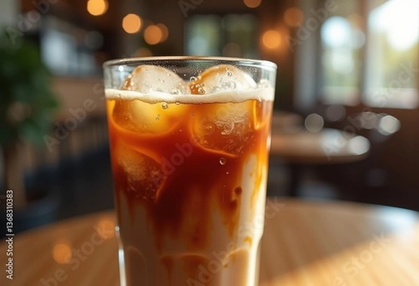 Fototapeta chilled coffee glass droplets refreshing beverage cold drink condensation close, ice, cup, dark, liquid, sugar, milk, espresso, brew, mocha, latte, cream