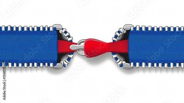 Obraz Blue zipper opening to reveal a red ribbon. White background