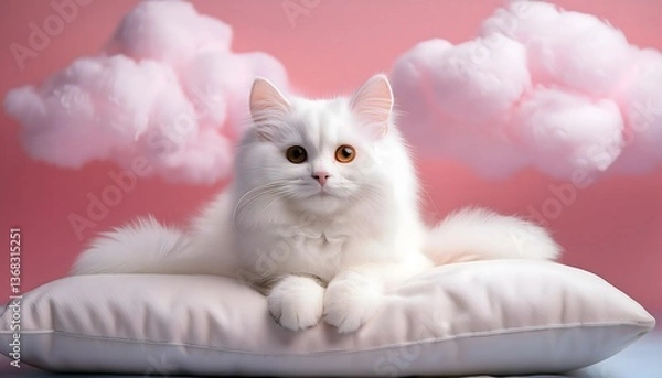 Obraz Beautiful White Cat peacefully Relaxing on a Cosy Pillow surrounded by fluffy cottony Clouds. adorable cute cat scene. Tranquility and relaxation concept.
