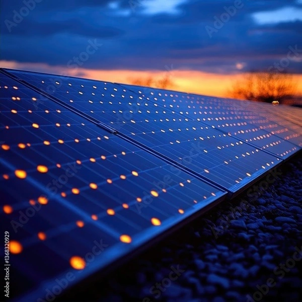 Obraz Solar panels illuminated at dusk, showcasing renewable energy technology against a vibrant sunset