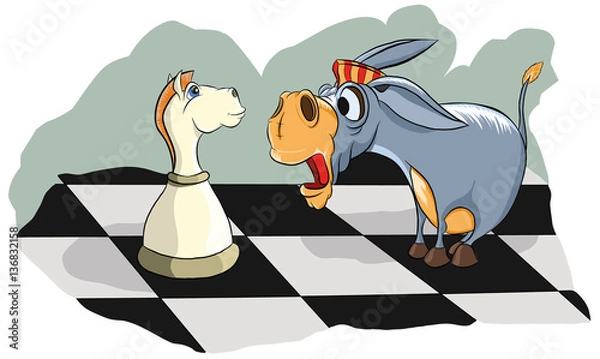 Obraz удивленный осел смотрит на шахматного коня 