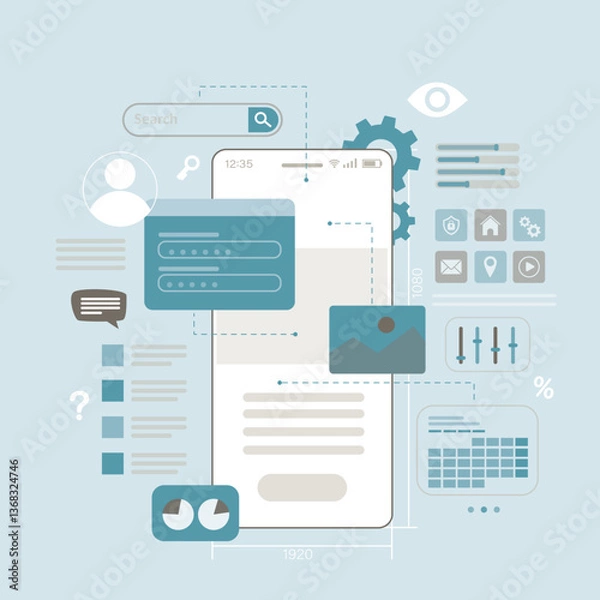 Fototapeta Various icons on smartphone screen. Concept of app development and ui ux design. Designing interface for apps