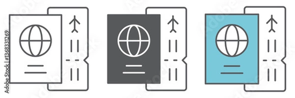 Fototapeta Passport with ticket icon collection, travel and tourist, passport vector icon set, vector graphics, editable stroke outline sign, eps 10
