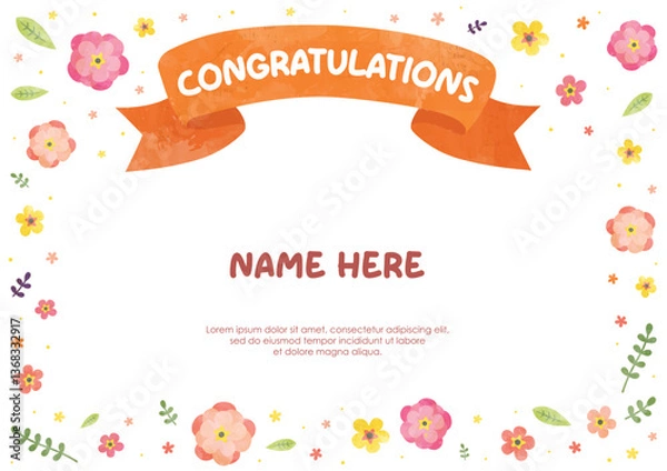 Fototapeta Kids children certificate background with cute ribbon banner and beautiful floral flower frame border for study award participation graduation event print template layout design
