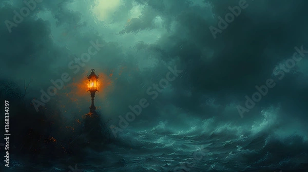 Fototapeta Stormy seascape at dusk with a glowing lighthouse illuminating turbulent waves