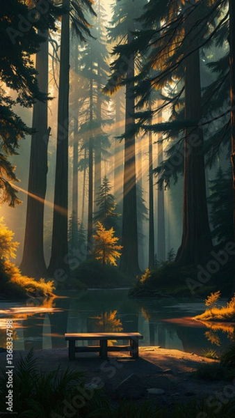 Fototapeta misty sunrise at the pond in the forest with the sun rays peeking trough the tall trees.