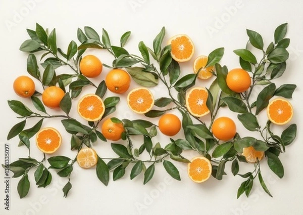 Obraz Fresh oranges and leaves arranged artfully on a white background