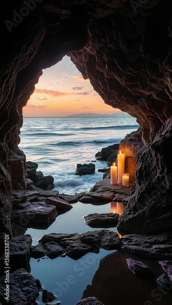 Fototapeta view of the ocean with peaceful candles in a sea cave at sunset. soothing and meditative image background.