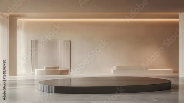 Fototapeta 72. A sleek, transparent podium in a modern showroom with clean lines and plenty of empty space around it for a product showcase