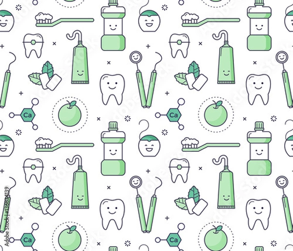 Obraz Wektor wzór edukacyjny z wyposażeniem dentysty na białym tle. Zabawne narzędzia stomatologiczne w kultowym stylu, pielęgnacja zębów.