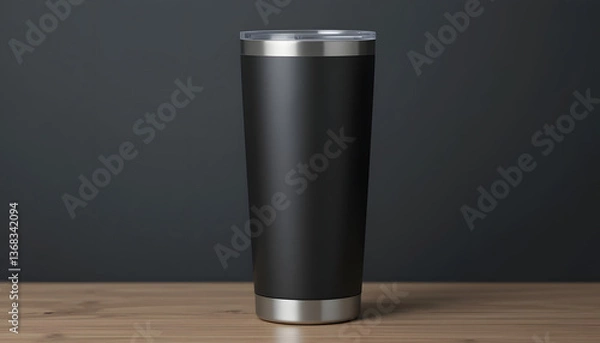 Fototapeta Stylish stainless steel travel tumbler with a lid  Mockup - Front View . featuring a blank matte surface.
