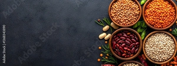 Fototapeta A still life arrangement of various colorful grains beans and legumes presented in a collection of wooden bowls against a simple dark background
