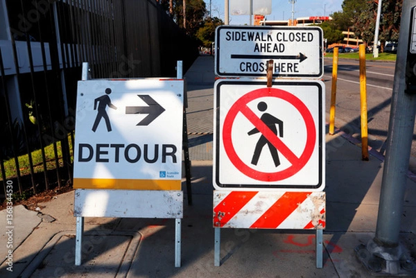 Fototapeta Road sign: Sidewalk Closed Detour Sign