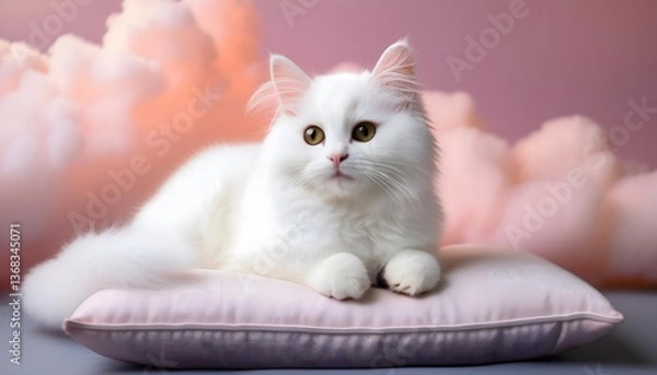 Obraz Beautiful White Cat peacefully Relaxing on a Cosy Pillow surrounded by fluffy cottony Clouds. adorable cute cat scene. Tranquility and relaxation concept.
