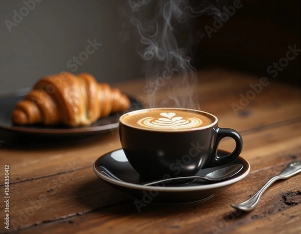 Fototapeta Warm coffee with croissant on rustic wooden table