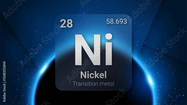Obraz Nickel (Ni) (028) Transition Metal, Glass Morphism Element Futuristic Neon Light Glow Background Periodic Table, Chemical Symbol, Name, Atomic Mass, Atomic Number, Vector Illustration