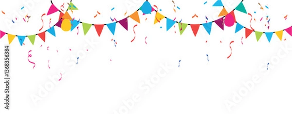 Fototapeta Frame colorful retro bunting garland flag and confetti birthday decoration elements. Birthday decoration and  independence day celebration template banner, and triangular flag .