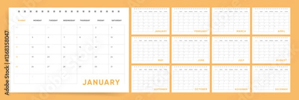 Fototapeta 2026 Clean Calendar Template. Sunday start weekly 2026 planner in a modern style. Ideal for desk or wall display. Corporate English vector design.
