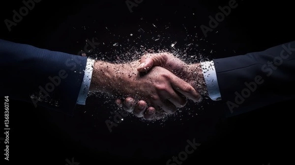 Fototapeta Tense Business Handshake Fracturing into Glass Shards Depicting Fragile Agreement Under Pressure
