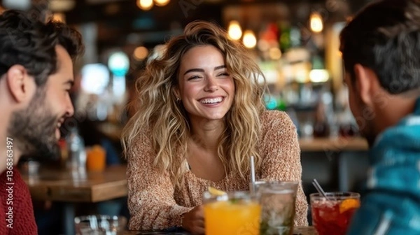 Fototapeta A joyful scene of friends sharing laughter and drinks in a cozy restaurant, capturing the essence of social connection, happiness, and the warmth of shared experiences.