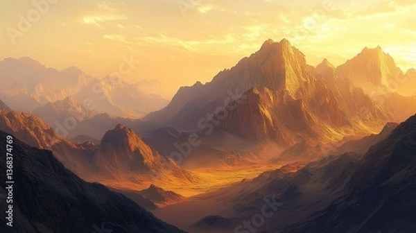 Fototapeta A breathtaking view of Mount Sinai, with rugged peaks bathed in the golden light of dawn