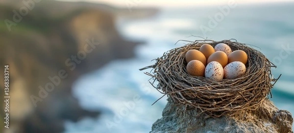 Fototapeta Cliffside Haven, Birds nests with eggs