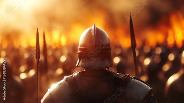 Obraz Warrior stands ready at dawn before a fierce battle amidst rising flames and an army of soldiers in the background