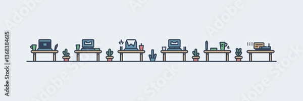 Fototapeta Vector sheet of desk icons featuring desks with laptops, mugs, pens, and plants in a row