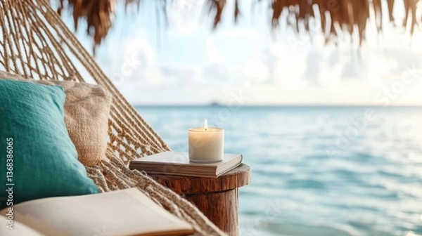 Fototapeta A cozy hammock setting embellished with a lit candle and an open book on a wooden table, set against a backdrop of glimmering water and a serene beach atmosphere.