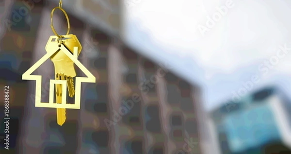 Obraz Image of gold house key fob and key, hanging in front of blurred city building