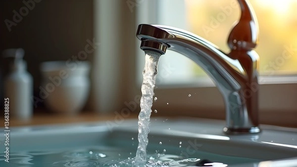 Fototapeta Water Flowing from a Modern Faucet into a Sink, Showcasing Cleanliness and Home Hygiene