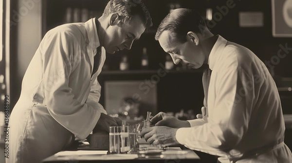 Fototapeta Old-fashioned lab scene, two scientists collaborating over experiments, vintage attire, focused discussion, intellectual environment.