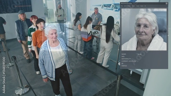 Obraz Security Checkpoint: Queue of Diverse People Passing Biometric AI Face Scanning at Border Control in Airport Terminal. Advanced Facial Recognition Technology Showing Passengers Passports Information.