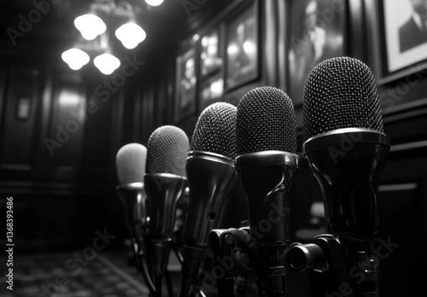 Fototapeta Five Microphones in a Dark Room, Black and White Photography