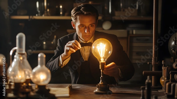 Fototapeta Scientist experimenting in a dimly lit lab, male researcher observing glowing beaker, vintage equipment in background.