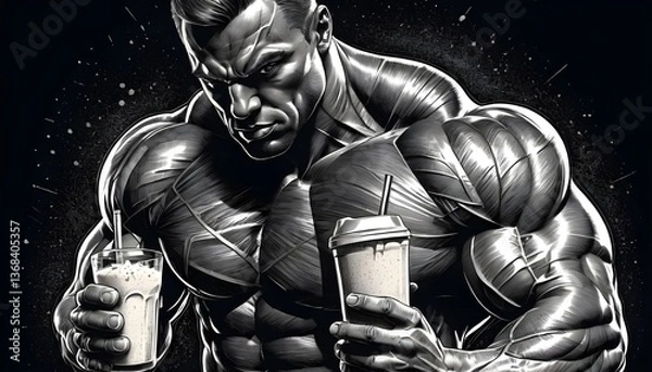 Fototapeta strong muscular man drinking protein shake, symbolizing fitness, nutrition, and bodybuilding dedication sketch illustration. Black and white image. 