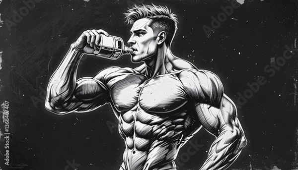 Fototapeta strong muscular man drinking protein shake, symbolizing fitness, nutrition, and bodybuilding dedication sketch illustration. Black and white image. 