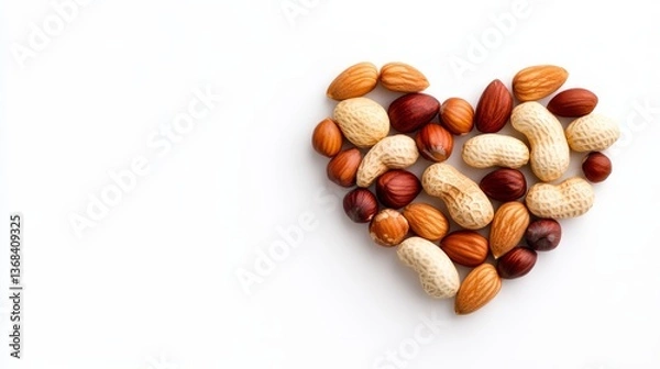 Fototapeta Heart-shaped arrangement of assorted nuts on white background