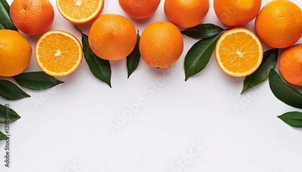 Fototapeta Orange season mockup, summer theme border, with free space for text. White plane background, fruit and leaves on the upper side of the frame.
