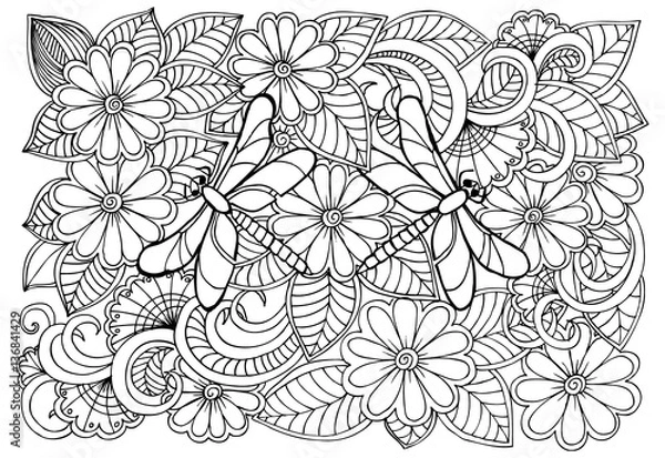 Fototapeta Black and white flowers and dragonflies pattern for adult colori