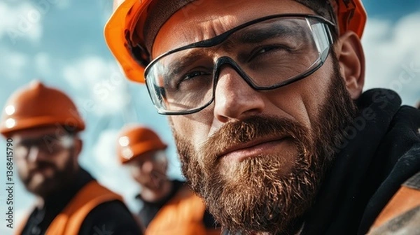 Fototapeta A focused construction worker in an orange hard hat with safety glasses delivers a confident smile, emphasizing professionalism and dedication in a challenging work environment.