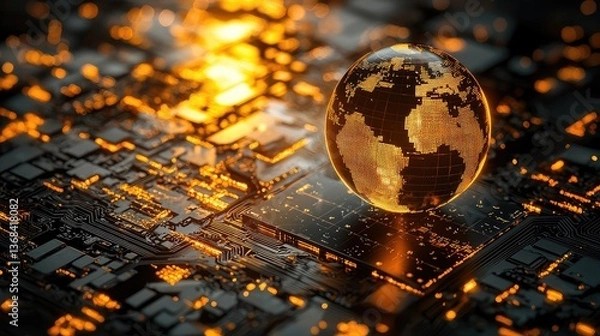 Fototapeta Futuristic Digital Globe on Circuit Board Representing Advanced Technology and Artificial Intelligence Integration